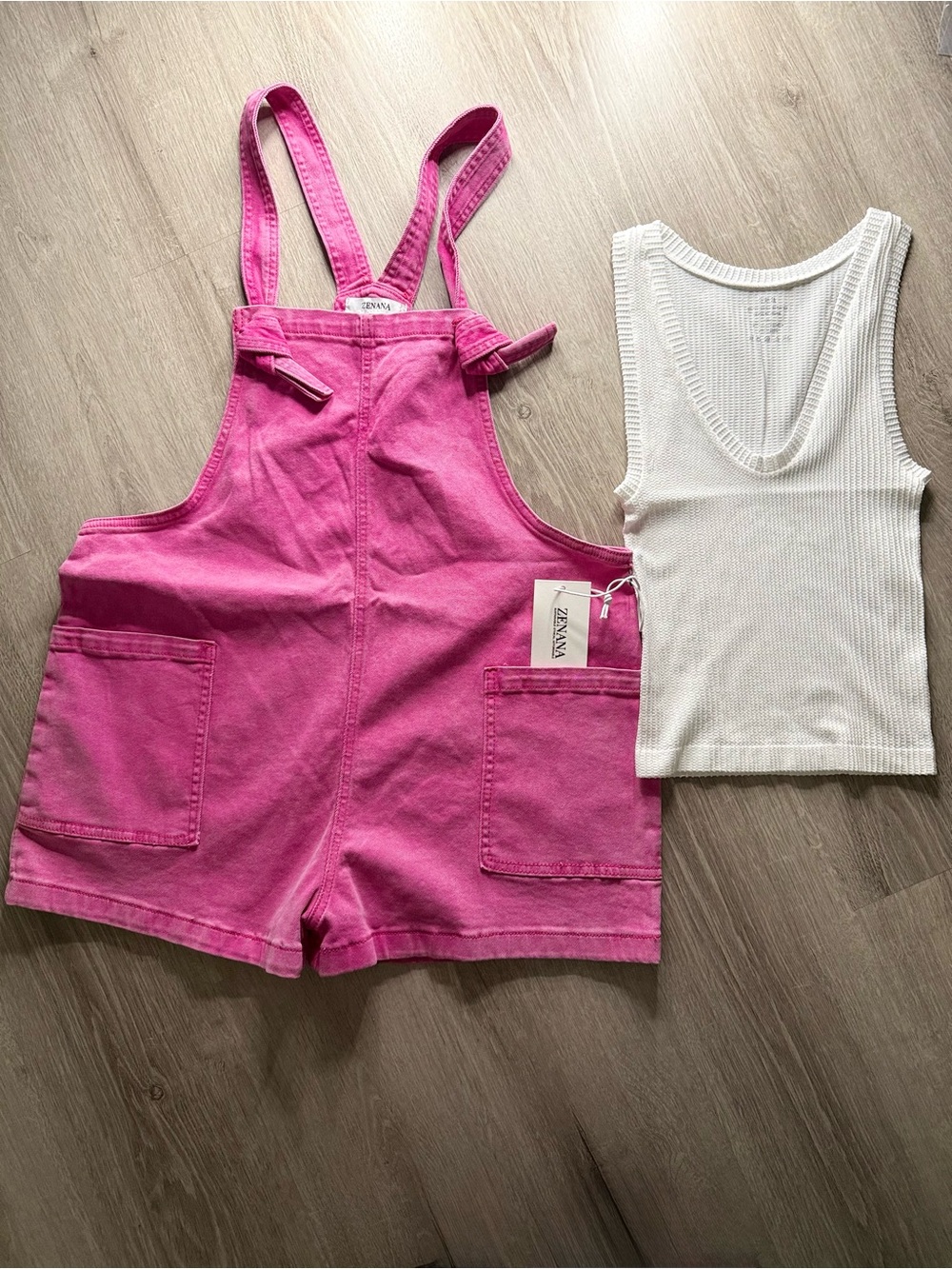 Zenana Set - Hot Pink Denim Short Overalls and White V Neck Tank - S, M, and L